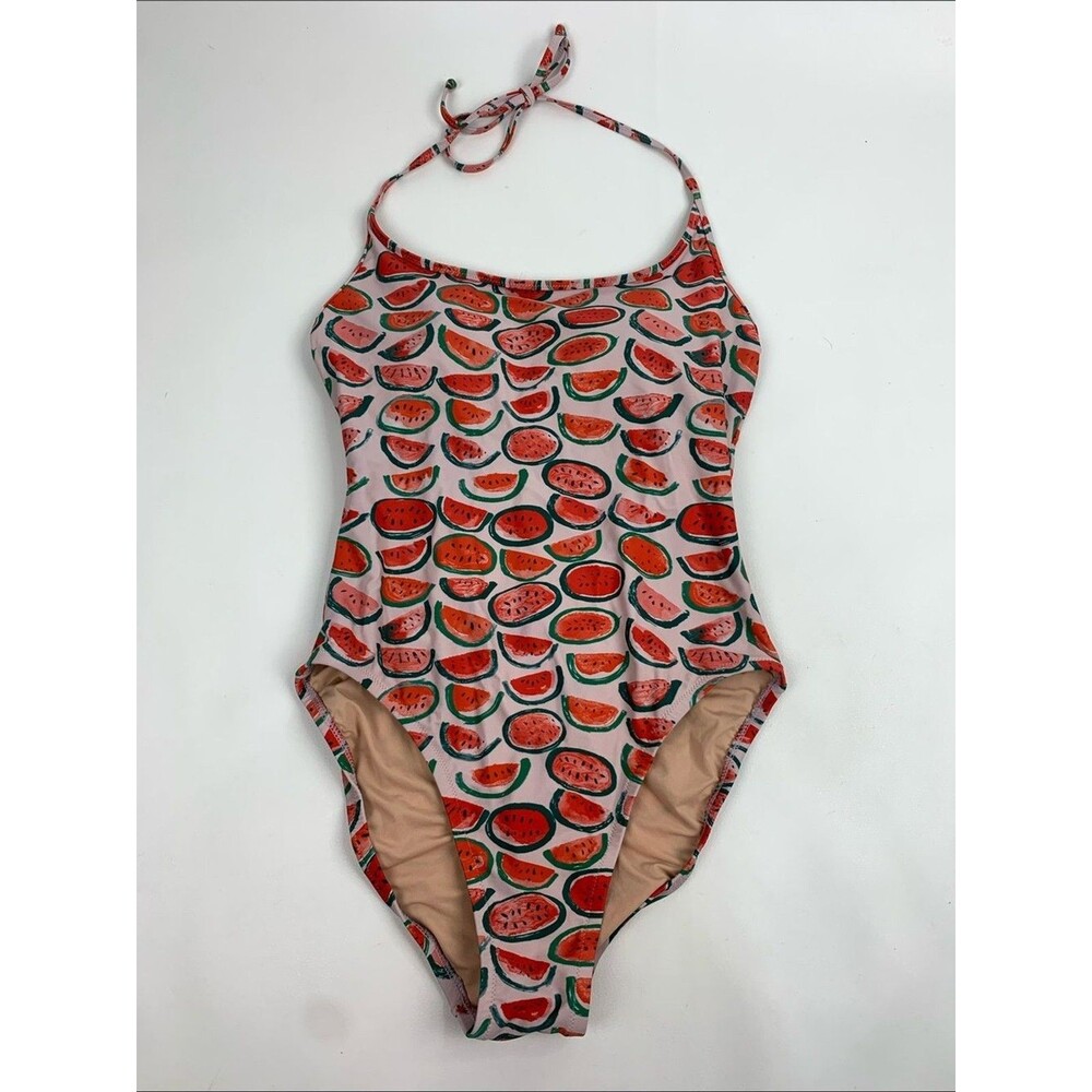 J. Crew Watermelon Print One-Piece Swimsuit  Pink/Red/Green Halter Tie Size 6